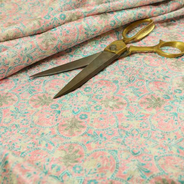 Glamour Floral Collection Print Velvet Upholstery Fabric Pink Blue Medallion Pattern CTR-979 - Made To Measure Curtains