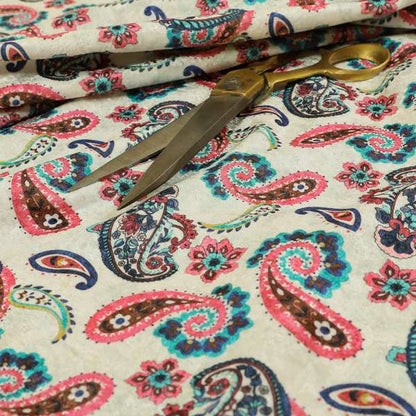 Glamour Floral Collection Print Velvet Upholstery Fabric Pink Blue Colourful Falling Paisley Pattern CTR-980 - Roman Blinds