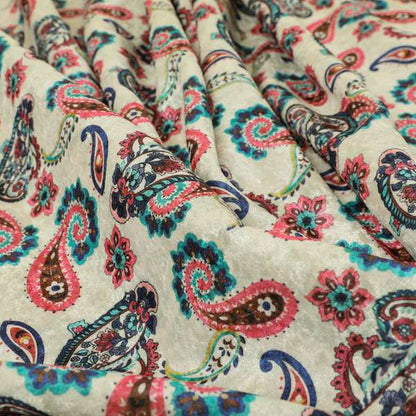 Glamour Floral Collection Print Velvet Upholstery Fabric Pink Blue Colourful Falling Paisley Pattern CTR-980 - Roman Blinds