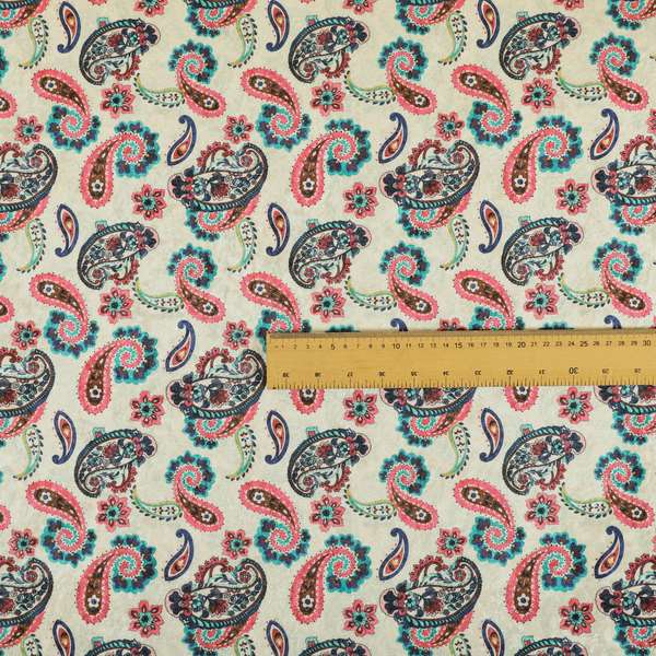 Glamour Floral Collection Print Velvet Upholstery Fabric Pink Blue Colourful Falling Paisley Pattern CTR-980 - Handmade Cushions