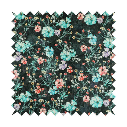 Glamour Floral Collection Print Velvet Upholstery Fabric Black Colourful Floral Pattern CTR-981 - Made To Measure Curtains