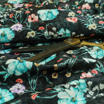 Glamour Floral Collection Print Velvet Upholstery Fabric Black Colourful Floral Pattern CTR-981 - Made To Measure Curtains