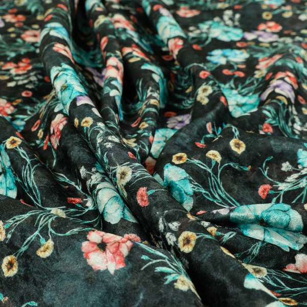 Glamour Floral Collection Print Velvet Upholstery Fabric Black Colourful Floral Pattern CTR-981 - Made To Measure Curtains