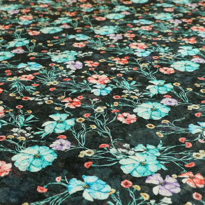 Glamour Floral Collection Print Velvet Upholstery Fabric Black Colourful Floral Pattern CTR-981 - Roman Blinds