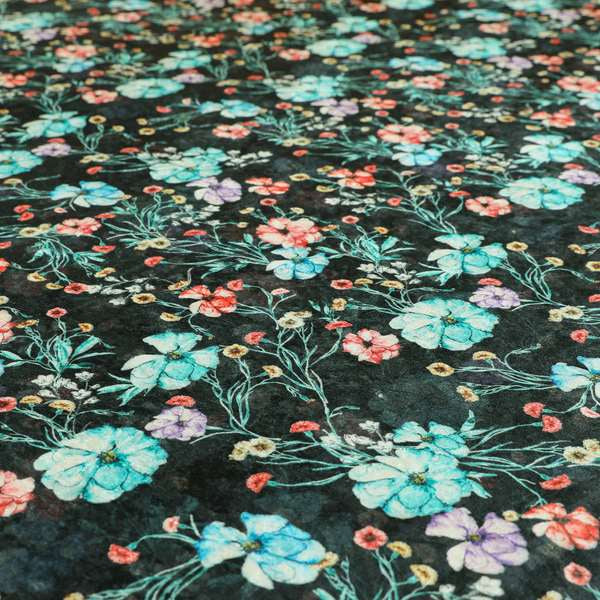 Glamour Floral Collection Print Velvet Upholstery Fabric Black Colourful Floral Pattern CTR-981