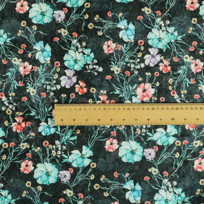 Glamour Floral Collection Print Velvet Upholstery Fabric Black Colourful Floral Pattern CTR-981 - Made To Measure Curtains