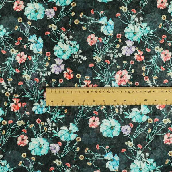 Glamour Floral Collection Print Velvet Upholstery Fabric Black Colourful Floral Pattern CTR-981