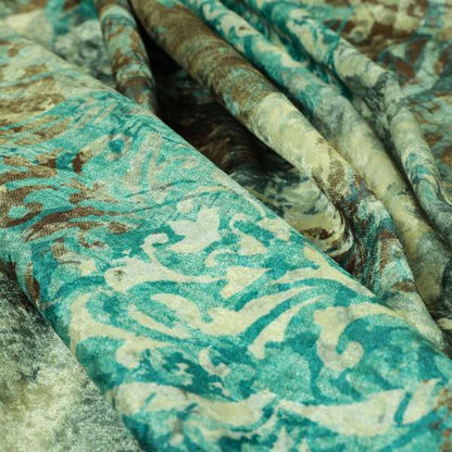 Glamour Floral Collection Print Velvet Upholstery Fabric Blue Brown Camouflage Floral Pattern CTR-982 - Made To Measure Curtains