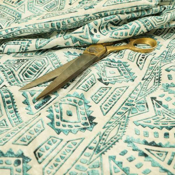 Glamour Art Collection Print Velvet Upholstery Fabric Teal Colour Tribal Geometric Pattern CTR-985 - Roman Blinds