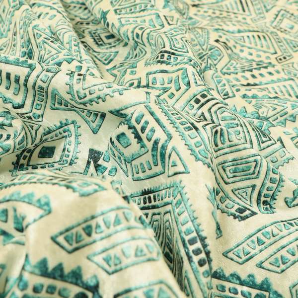 Glamour Art Collection Print Velvet Upholstery Fabric Teal Colour Tribal Geometric Pattern CTR-985 - Roman Blinds