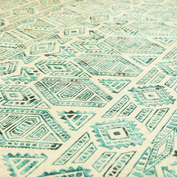 Glamour Art Collection Print Velvet Upholstery Fabric Teal Colour Tribal Geometric Pattern CTR-985 - Made To Measure Curtains