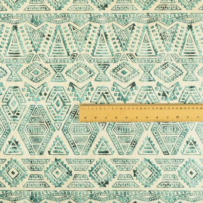 Glamour Art Collection Print Velvet Upholstery Fabric Teal Colour Tribal Geometric Pattern CTR-985 - Roman Blinds