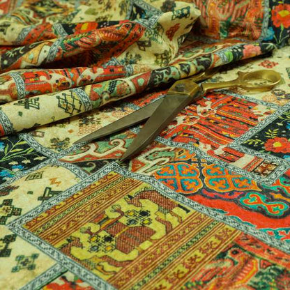 Glamour Art Collection Print Velvet Upholstery Fabric Multi Coloured Floral Tribal Patchwork Pattern CTR-989