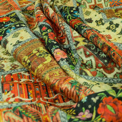 Glamour Art Collection Print Velvet Upholstery Fabric Multi Coloured Floral Tribal Patchwork Pattern CTR-989