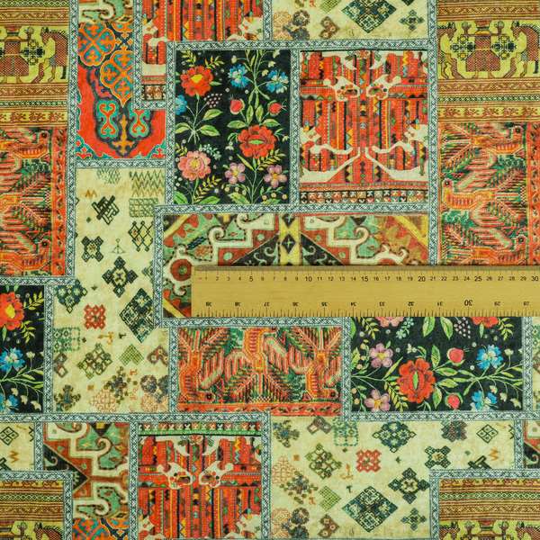 Glamour Art Collection Print Velvet Upholstery Fabric Multi Coloured Floral Tribal Patchwork Pattern CTR-989