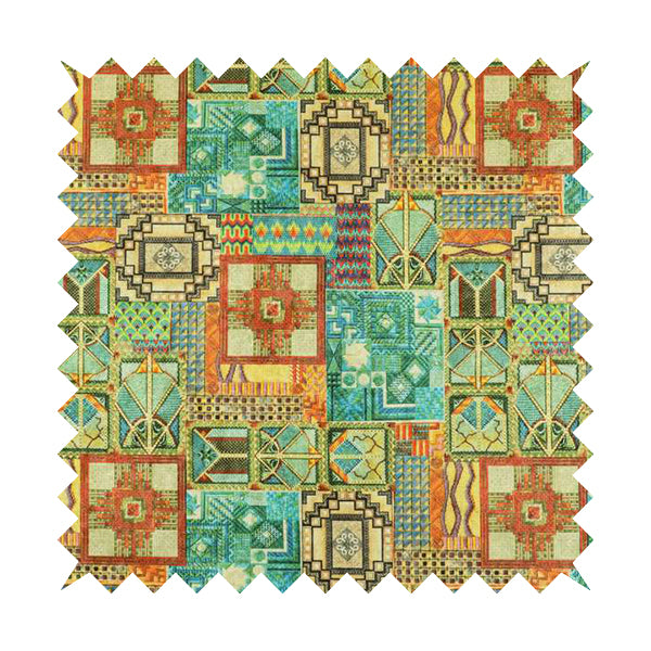 Glamour Art Collection Print Velvet Upholstery Fabric Blue Green Multi Coloured Geometric Patchwork Pattern CTR-991 - Roman Blinds