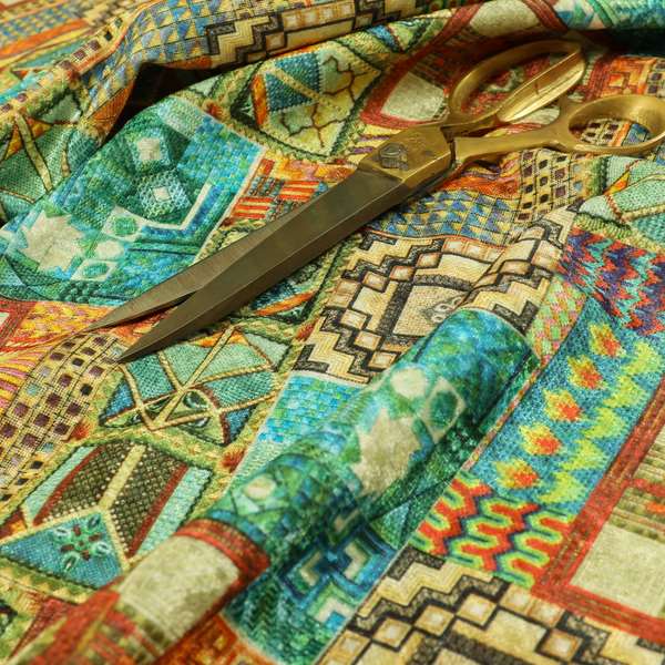 Glamour Art Collection Print Velvet Upholstery Fabric Blue Green Multi Coloured Geometric Patchwork Pattern CTR-991 - Roman Blinds