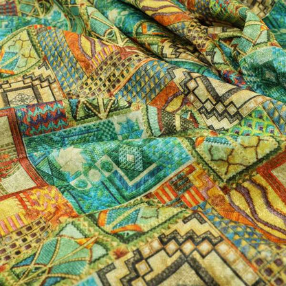 Glamour Art Collection Print Velvet Upholstery Fabric Blue Green Multi Coloured Geometric Patchwork Pattern CTR-991 - Made To Measure Curtains