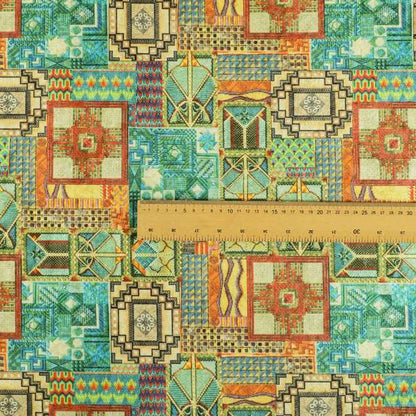 Glamour Art Collection Print Velvet Upholstery Fabric Blue Green Multi Coloured Geometric Patchwork Pattern CTR-991 - Roman Blinds