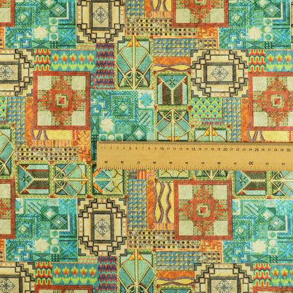 Glamour Art Collection Print Velvet Upholstery Fabric Blue Green Multi Coloured Geometric Patchwork Pattern CTR-991 - Handmade Cushions
