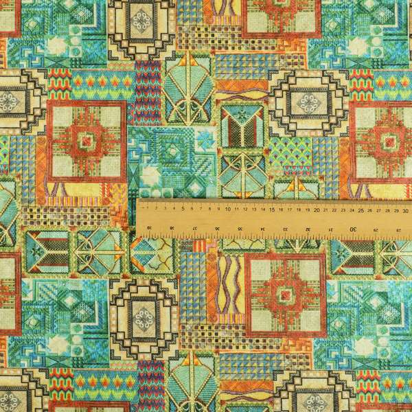 Glamour Art Collection Print Velvet Upholstery Fabric Blue Green Multi Coloured Geometric Patchwork Pattern CTR-991