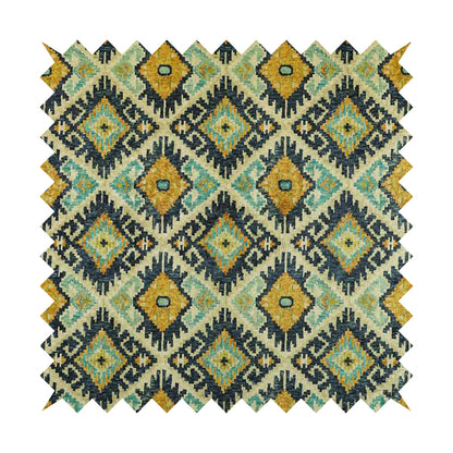 Glamour Art Collection Print Velvet Upholstery Fabric Blue Yellow Tribal Diamond Geometric Pattern CTR-993 - Roman Blinds