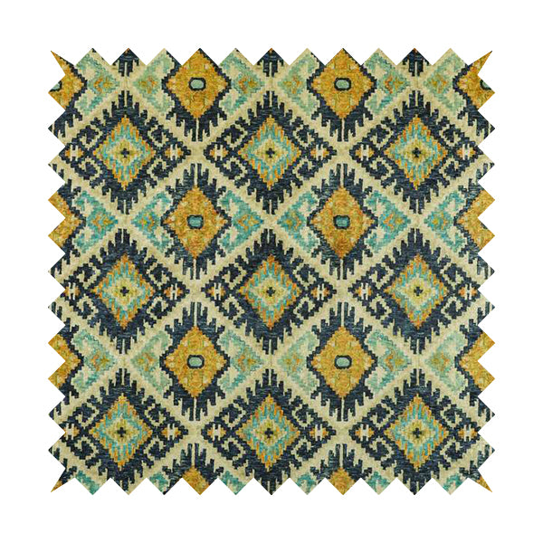 Glamour Art Collection Print Velvet Upholstery Fabric Blue Yellow Tribal Diamond Geometric Pattern CTR-993 - Made To Measure Curtains