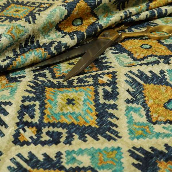 Glamour Art Collection Print Velvet Upholstery Fabric Blue Yellow Tribal Diamond Geometric Pattern CTR-993 - Made To Measure Curtains