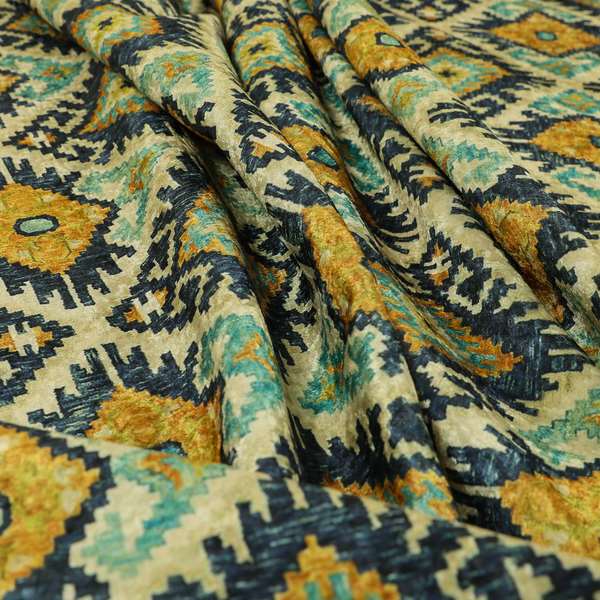 Glamour Art Collection Print Velvet Upholstery Fabric Blue Yellow Tribal Diamond Geometric Pattern CTR-993 - Made To Measure Curtains