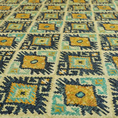 Glamour Art Collection Print Velvet Upholstery Fabric Blue Yellow Tribal Diamond Geometric Pattern CTR-993 - Roman Blinds