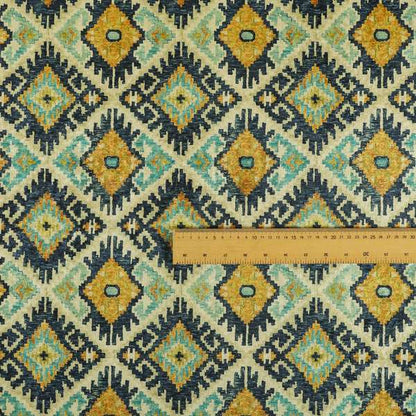 Glamour Art Collection Print Velvet Upholstery Fabric Blue Yellow Tribal Diamond Geometric Pattern CTR-993 - Made To Measure Curtains