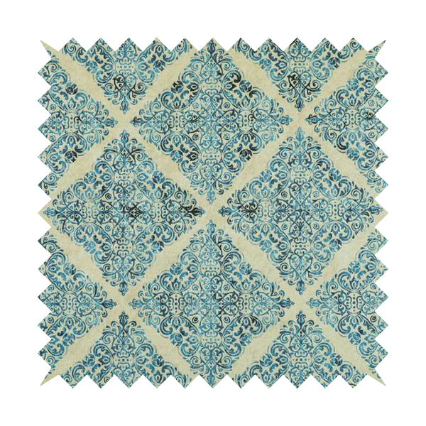 Glamour Art Collection Print Velvet Upholstery Fabric Blue Medallion Diamond Pattern CTR-994