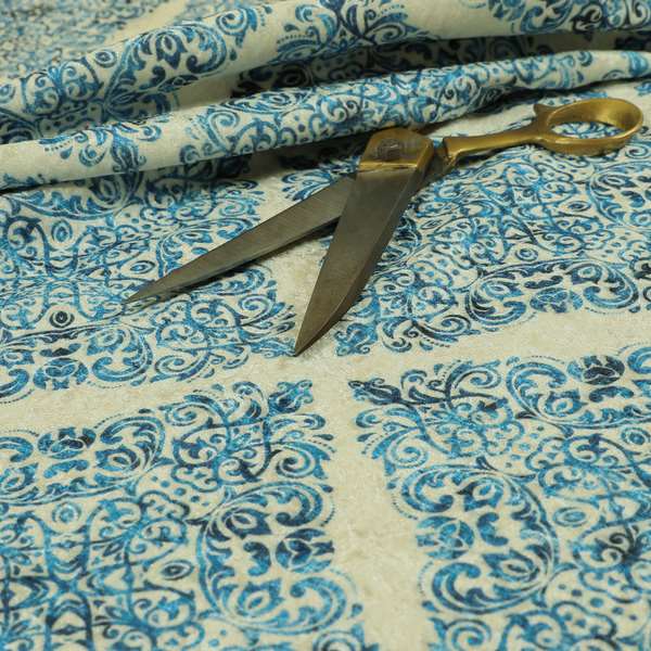 Glamour Art Collection Print Velvet Upholstery Fabric Blue Medallion Diamond Pattern CTR-994 - Made To Measure Curtains