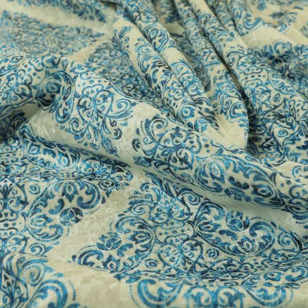 Glamour Art Collection Print Velvet Upholstery Fabric Blue Medallion Diamond Pattern CTR-994