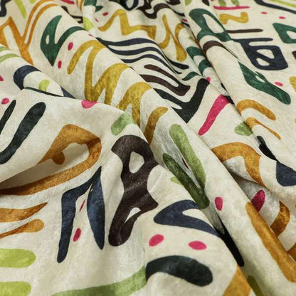 Glamour Art Collection Print Velvet Upholstery Fabric Multi Colour Tribal Script Geometric Pattern CTR-995