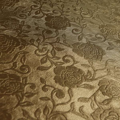 Camellia Floral Pattern Faux Leather Upholstery Fabric In Bronze