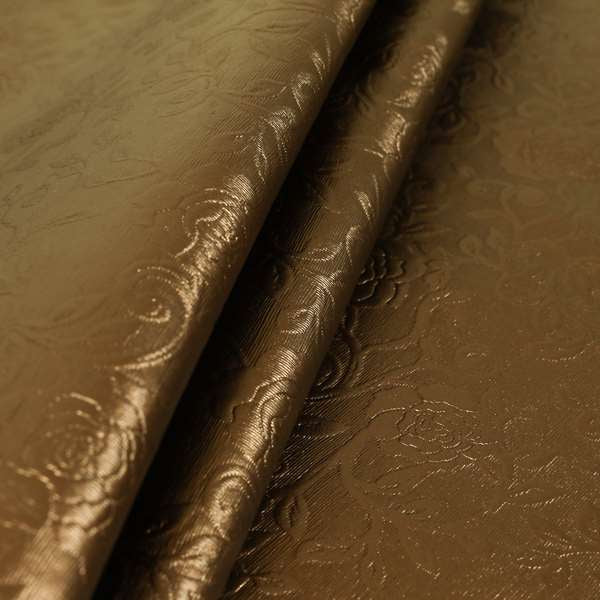 Camellia Floral Pattern Faux Leather Upholstery Fabric In Bronze