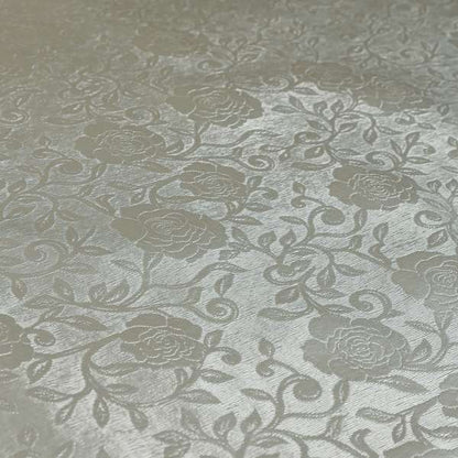 Camellia Floral Pattern Faux Leather Upholstery Fabric In Silver