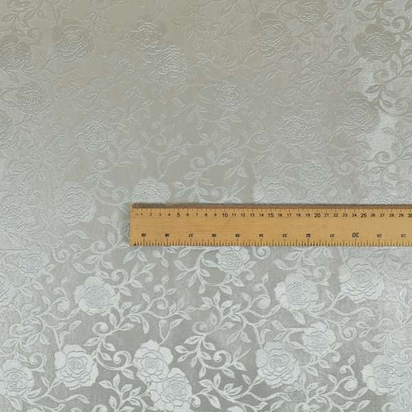 Camellia Floral Pattern Faux Leather Upholstery Fabric In Silver