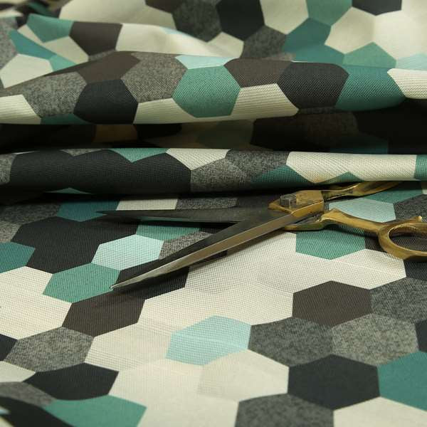 Hannah Geometric Pattern Blue Grey White Colour Printed Chenille Upholstery Curtain Fabrics - Roman Blinds