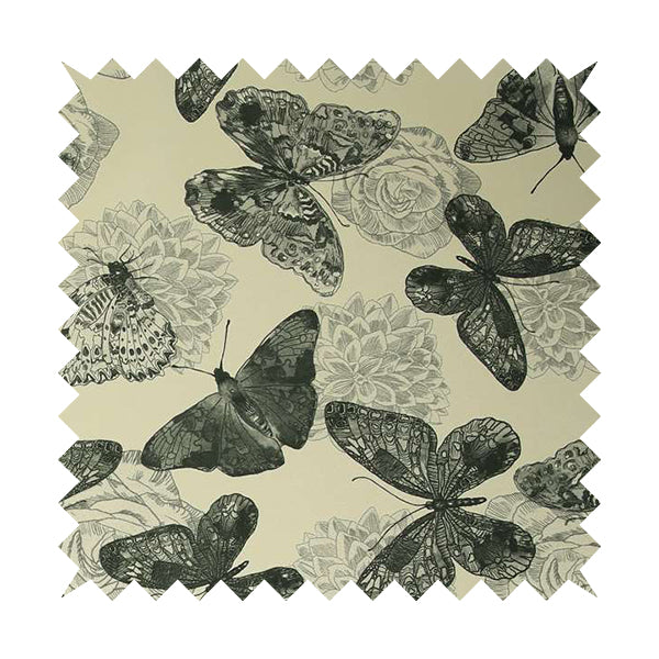 Beth Butterfly Pattern Grey White Colours Printed Linen Effect Upholstery Fabrics