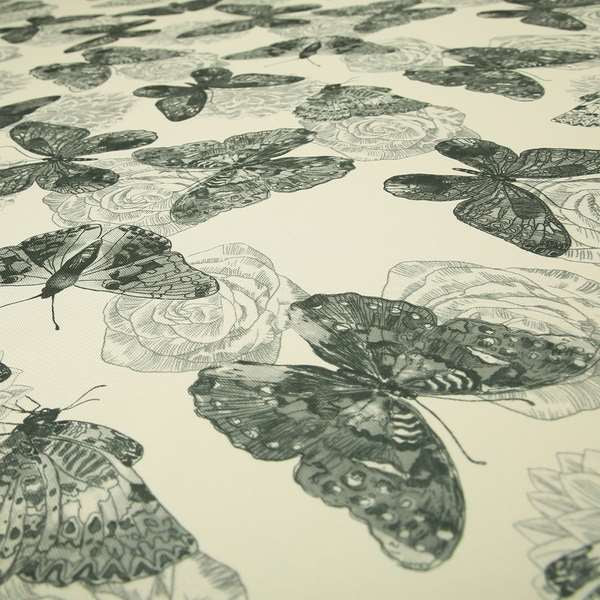 Beth Butterfly Pattern Grey White Colours Printed Linen Effect Upholstery Fabrics - Roman Blinds
