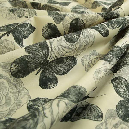 Beth Butterfly Pattern Grey White Colours Printed Linen Effect Upholstery Fabrics - Roman Blinds