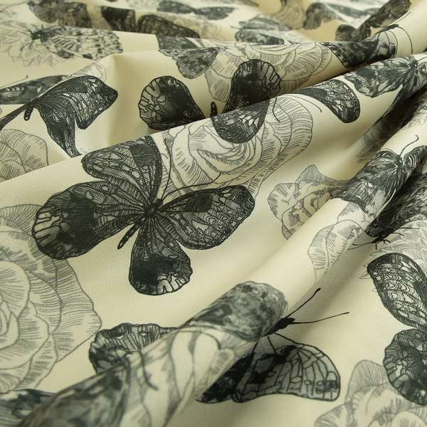 Beth Butterfly Pattern Grey White Colours Printed Linen Effect Upholstery Fabrics - Handmade Cushions
