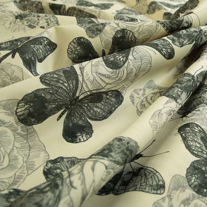 Beth Butterfly Pattern Grey White Colours Printed Linen Effect Upholstery Fabrics