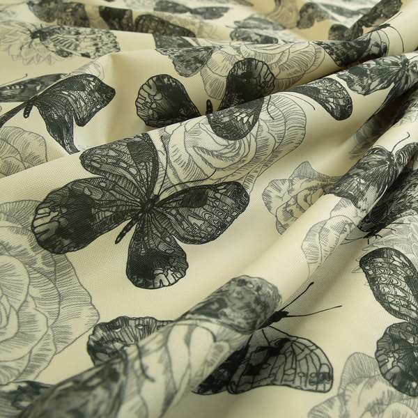 Beth Butterfly Pattern Grey White Colours Printed Linen Effect Upholstery Fabrics - Made To Measure Curtains