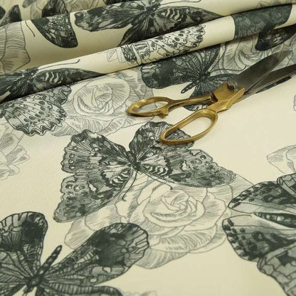 Beth Butterfly Pattern Grey White Colours Printed Linen Effect Upholstery Fabrics - Roman Blinds