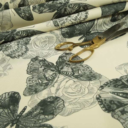 Beth Butterfly Pattern Grey White Colours Printed Linen Effect Upholstery Fabrics