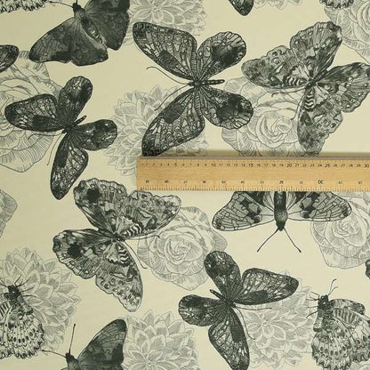 Beth Butterfly Pattern Grey White Colours Printed Linen Effect Upholstery Fabrics