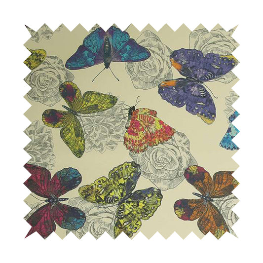 Beth Butterfly Pattern Tropical Yellow Blue Pink Colours Printed Linen Effect Upholstery Fabrics